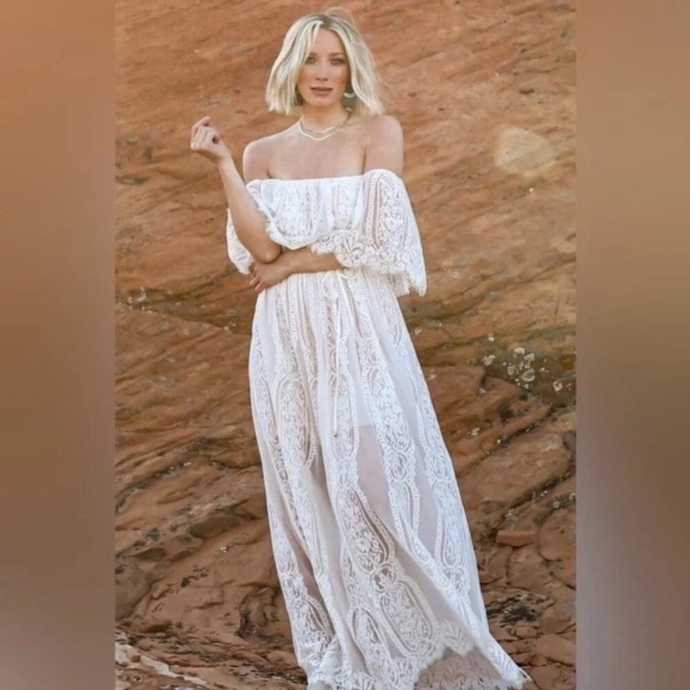 Off-Shoulder White Lace Maxi Dress